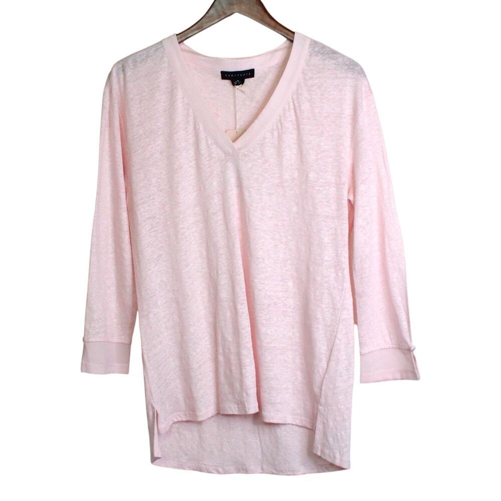 Sanctuary 100% Linen 3/4 Sleeve V-neck, Tunic Knit Top in Pink Size Medium NWT